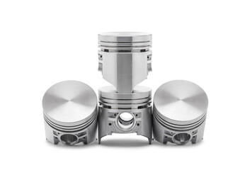 Set of new pistons for engine isolated on white background. Automotive parts.