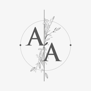Letter AA Initial Logo with Hand Draw Floral, Initial Wedding Font Logo with Circle and Flowers.