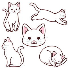 Set of simple and adorable white cat illustrations outlined