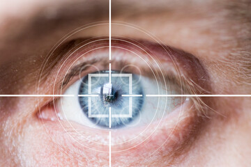 Eye monitoring and scanning. Biometric scan of male eye close up.