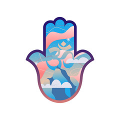 Hand of Hamsa with mountaine and mantra. Vector illustration.