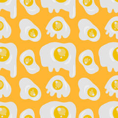 Cartoon fried egg seamless pattern on pink background. Vector texture illustration.