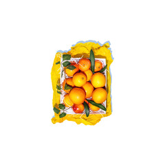 Isolated, fresh oranges with leaves in a white box on a white background. Healthy season fruits with lots of vitamins. Foods rich in vitamin C. Sale of local fruits. Harvest Day Celebration. Top view