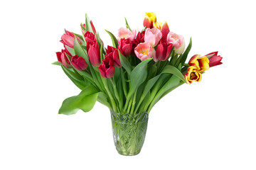 Beautiful bouquet with multicolored tulips in vase isolated