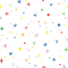 Seamless pattern with colorful hand drawn vector stars isolated on white background. 