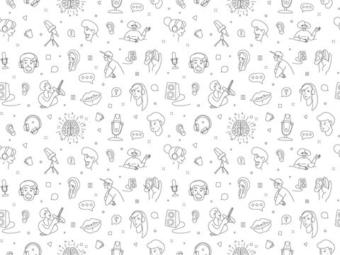 Radio host flat vector illustration seamless pattern. Media doodle drawing.
