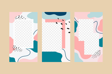 Set of vertical abstract backgrounds for social media template design. Liquid shapes and lines of pastel colors. Modern backgrounds for story posts with space for photo.