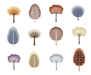 Set of colorful trees on the white background