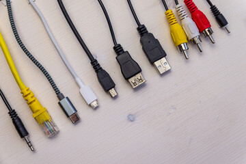 Various types of plugs and cables for audio, video, computer, smartphone and recharging...