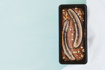 Freshly baked homemade gluten free banana bread cake with walnuts. Sweet food. Popular  american dessert.