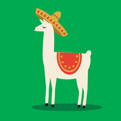 Mexican lama isolated, flat vector stock illustration with traditional animals with Mexican pattern, sombrero