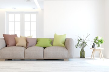 White living room with sofa. Scandinavian interior design. 3D illustration