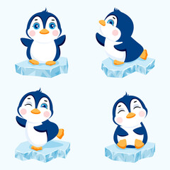 Set of cute penguins on an ice floe. Collection penguins icons or mascots vector illustration
