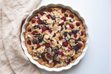 Freshly baked homemade summer berry cake on white background, close-up. Sweet food.
