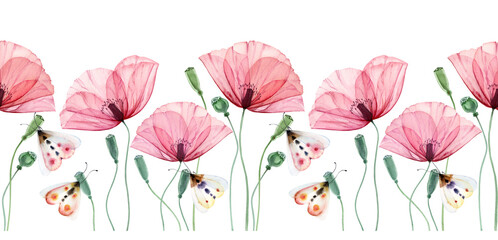 Watercolor seamless border. Poppy plants and butterflies. Summer field flowers with green leaves. Floral horizontal line in repeat. Realistic botanical illustration