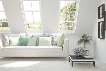 White living room with sofa and summer landscape in window. Scandinavian interior design. 3D illustration