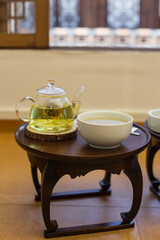 flower tea in glass teapot in traditional cafe in Seoul.