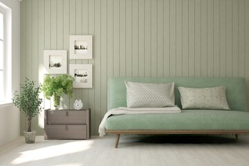 White living room with sofa. Scandinavian interior design. 3D illustration