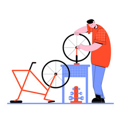 man drawn in a flat vector style repairs a bicycle wheel on a table in a workshop