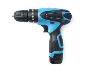 Modern cordless screwdriver or blue cordless drill isolated on a white background. with clipping path.