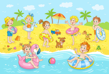 Obraz na płótnie Canvas A group of cute happy kids are relaxing on the sea beach. Children swim in inflatable rubber circles, play and sunbathe. Colorful picture in cartoon style. Vector illustration.