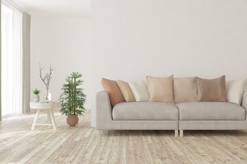 White living room with sofa. Scandinavian interior design. 3D illustration