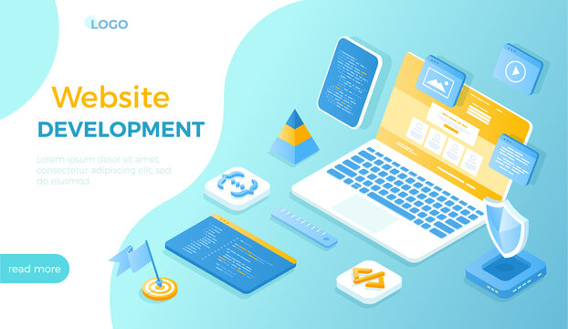 Website Development, Programming, Coding. Design, user experience UX, user interface UI. Website layout elements, photo, video, program code, site wireframe. Isometric vector illustration for website.