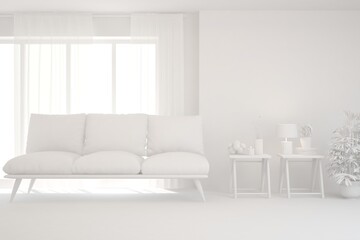 White minimalist living room with sofa. Scandinavian interior design. 3D illustration