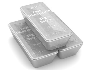 The highest standard platinum ingots. Three ingots of 999.9 Fine Platinum lie on white surface. 3D illustration