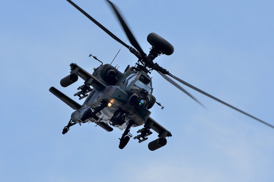 Ibaraki, Japan - May 17, 2015:Japan Ground Self-Defense Force Boeing AH-64D Apache Longbow attack helicopter.