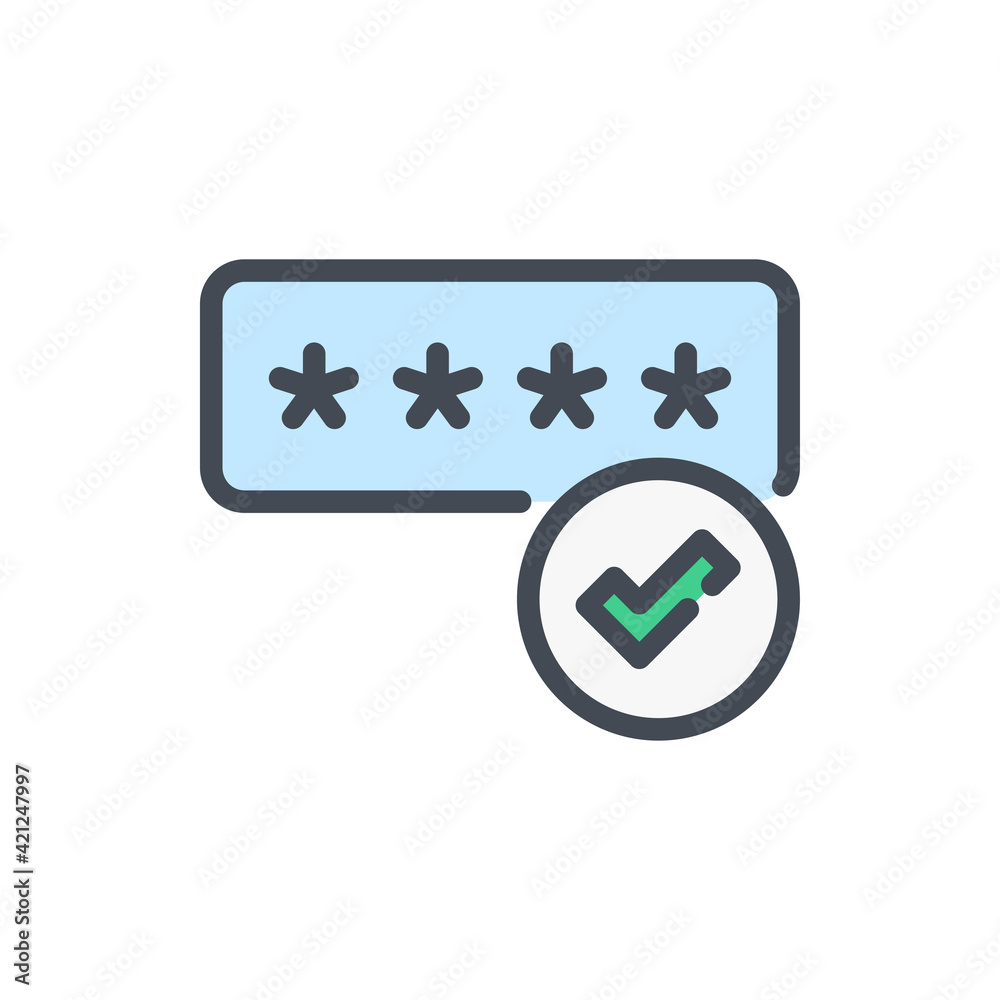 Poster password stars and check mark color line icon. correct password and login with tick vector outline c