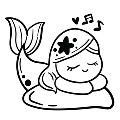 Cute sleeping mermaid line cartoon, kids coloring