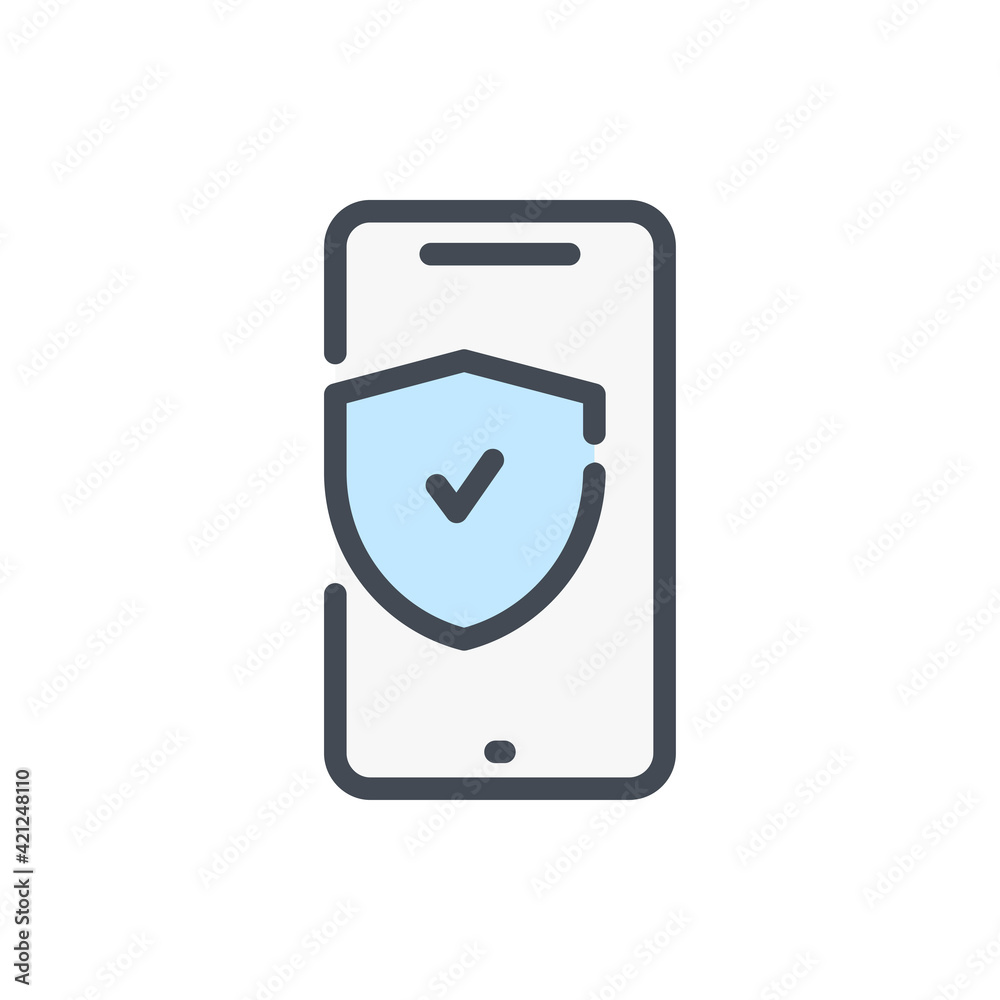 Poster mobile phone with shield and check mark color line icon. mobile protection and device secure vector 