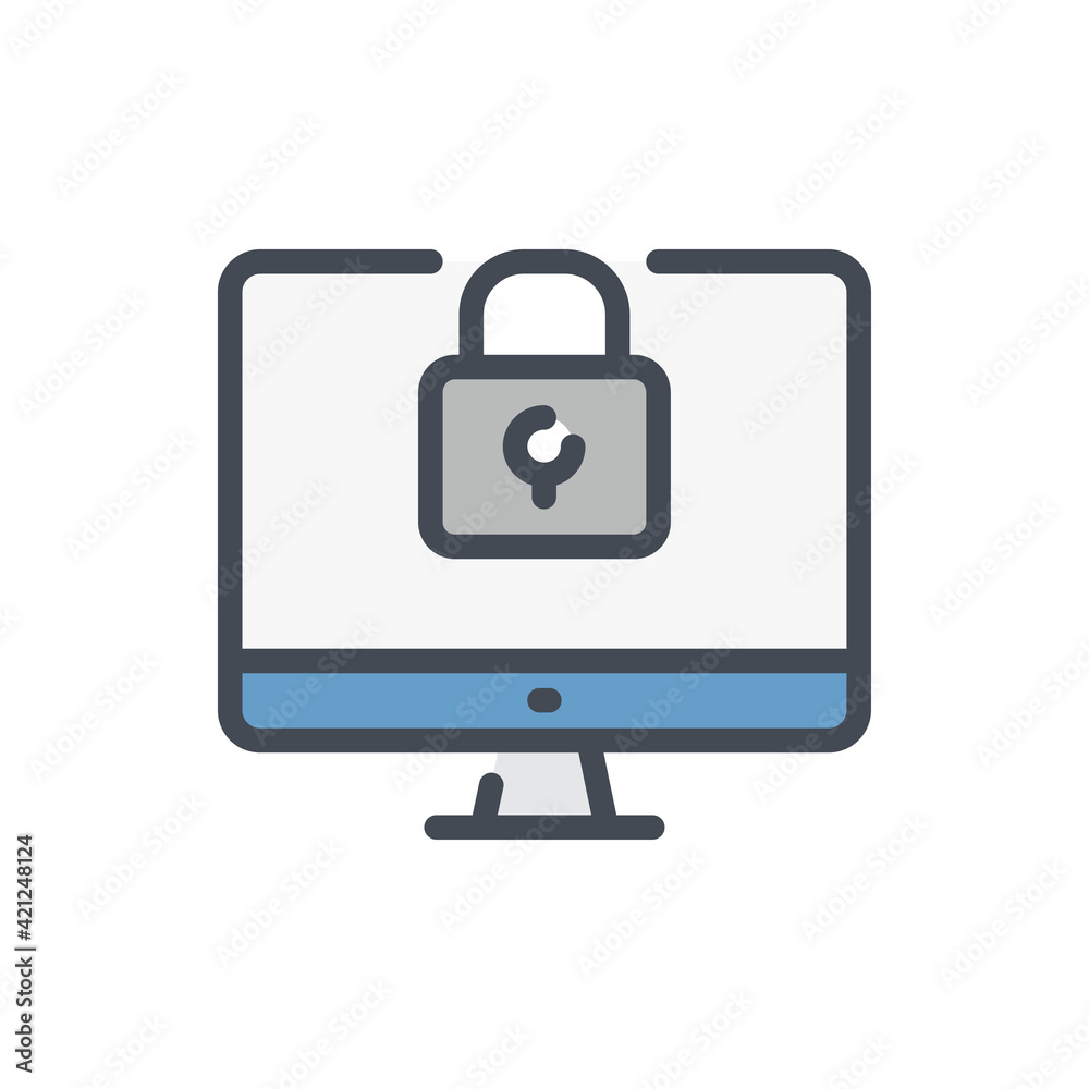 Poster computer with padlock color line icon. access to computer and protection of information vector outli