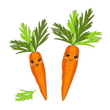 Cute carrot with cheerful emotions isolated on white background. Vegetables with carotene. Illustration for stickers, printing in grocery online stores, children's decor. 
