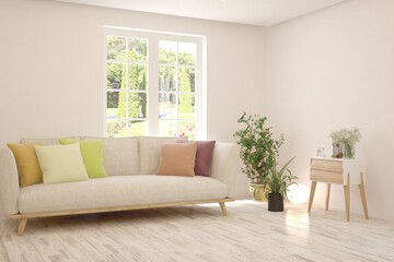 White living room with sofa and summer landscape in window. Scandinavian interior design. 3D illustration