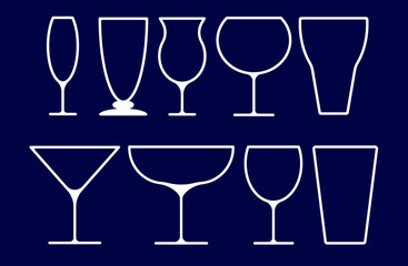 set of glasses of coctails, alcohol drink, champagne, glass line vector icon