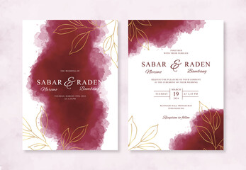 Elegant wedding invitation with watercolor splash and gold hand drawn