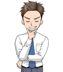 笑顔で顎に指を当ててにやけているワイシャツにネクタイの男性