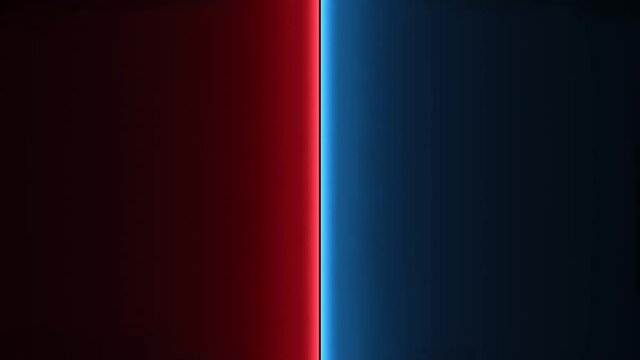 Abstract blue and red illuminating surface grow, rotate and split in two. 3D render of neon illuminating surfaces motion background.
