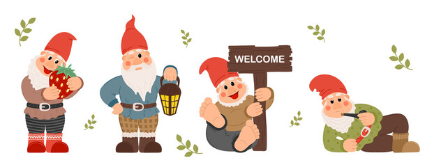 Fototapeta premium Fairy tale fantastic gnome dwarf elf character poses. Garden Gnome cartoon Set of fun illustrations