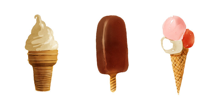 watercolor set with ice cream in waffle cups, on a stick, isolated on a white background