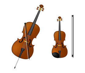 Fototapeta na wymiar Cello, violin, old technology, realistic retro design Musical instruments set