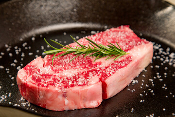 Red meat kosher organic steak in a cast iron skillet potatoes