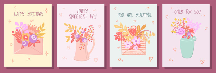 Cute set of greeting cards. Envelope, jug and vase with bouquet of spring flowers.