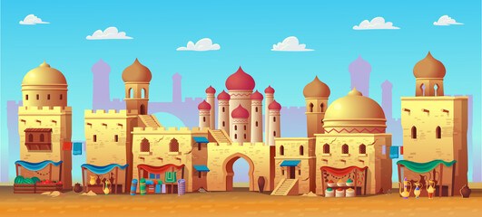 Panorama of ancient arab city with houses and the Arab market. Vector illustration in cartoon style for children. Background for games and mobile applications.