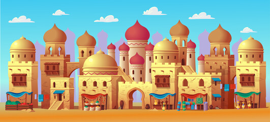 Panorama of ancient arab city with houses and the Arab market. Vector illustration in cartoon style. © NADEZHDA