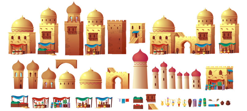 Panorama of ancient arab city with houses and the Arab market. Vector illustration in cartoon style.