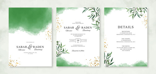 Wedding card invitation set template with watercolor splash and foliage