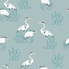 Crane Bird hand drawn background seamless pattern Heron sketch vector print textile